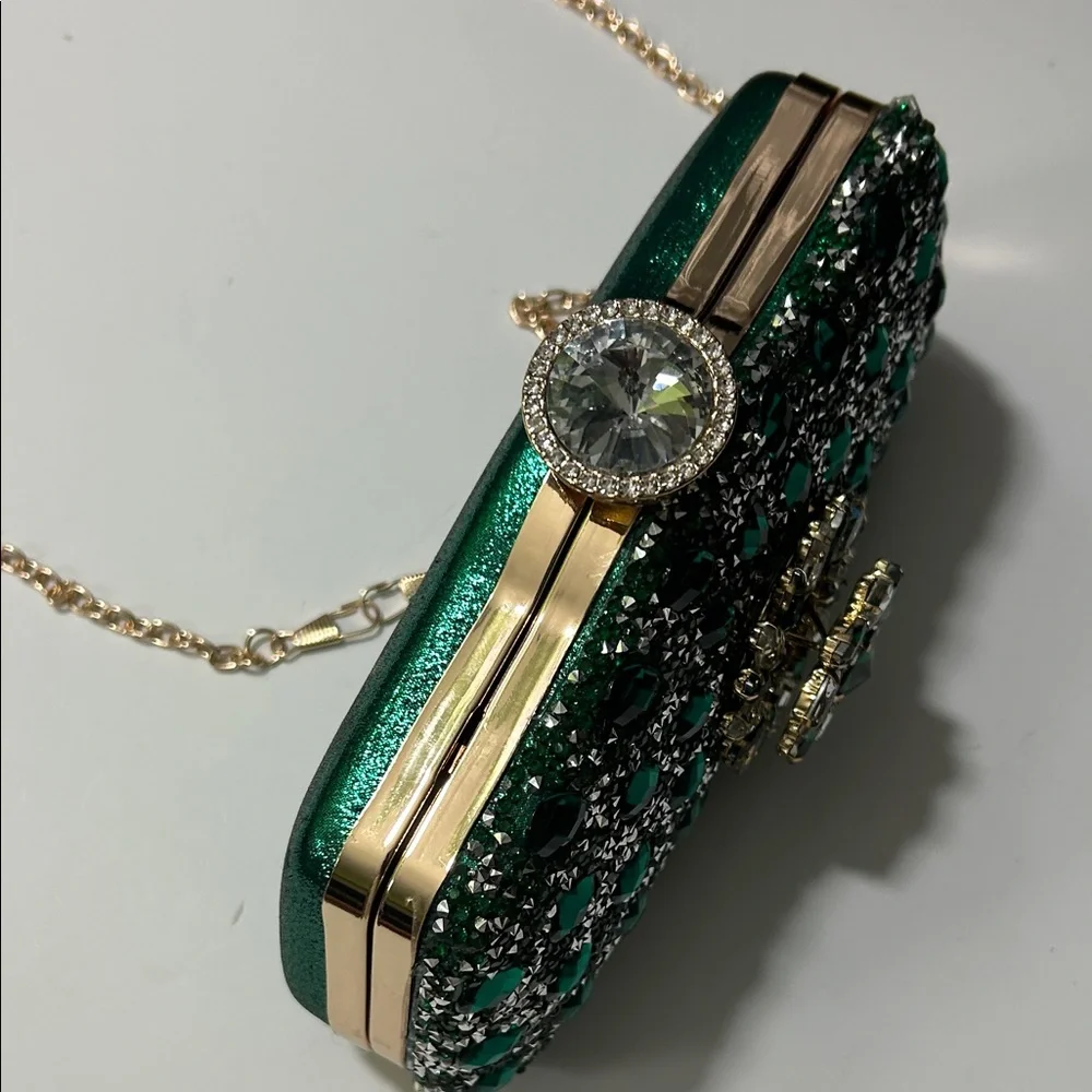 Emerald Crystal Evening Clutch with Gold Chain - Picture 16 of 16